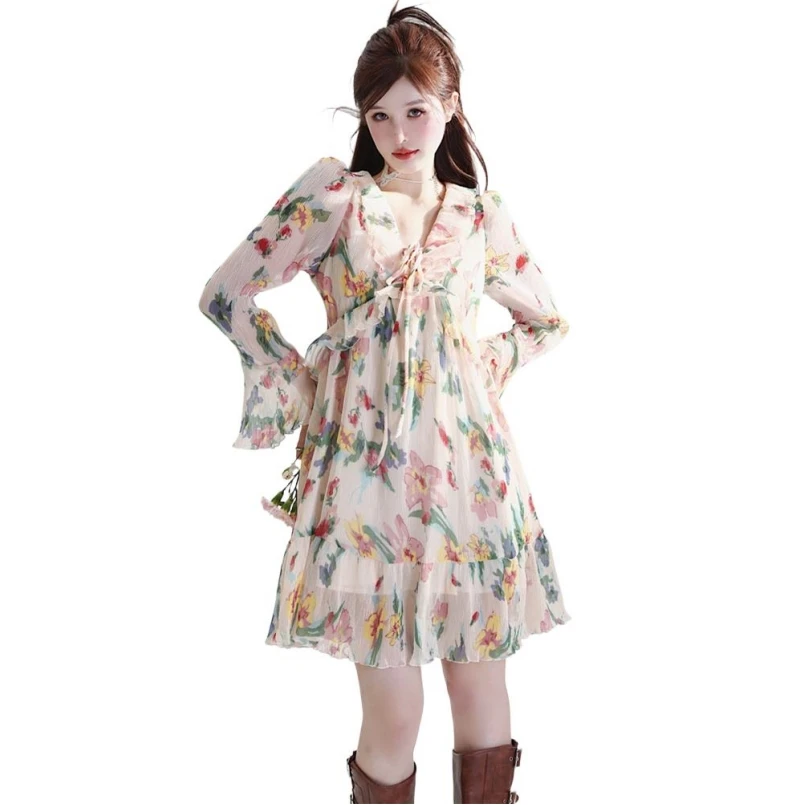 

Y2K Summer Fashion Chic Elegant Woman Dress Cross Ruffles V-line Long Sleeve Fairy Dress Women Print Vestidos robe sexy femme