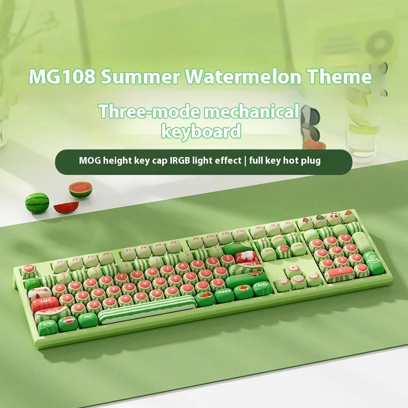 Stylish  Watermelon Bluetooth Mechanical Keyboard, Wireless Triple-Mode for Girls, High Compatibility with Notebooks, Desktops