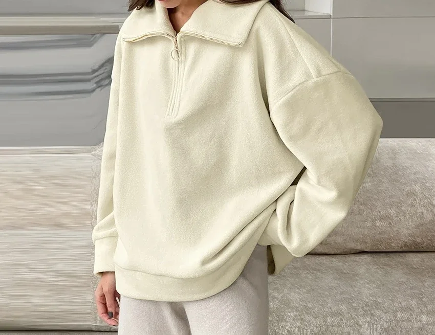 

Autumn and Winter Lazy Style Knitted Beige Loose Casual Hoodie with A Lapel and Sporty Women's Top