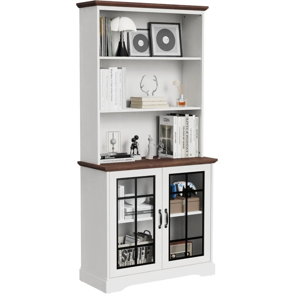 5 أرفف خزانة كتب طويلة بأبواب زجاجية رف كتب أبيض، رف تخزين قائم للعرض، أرفف كتب خشبية لغرفة المعيشة