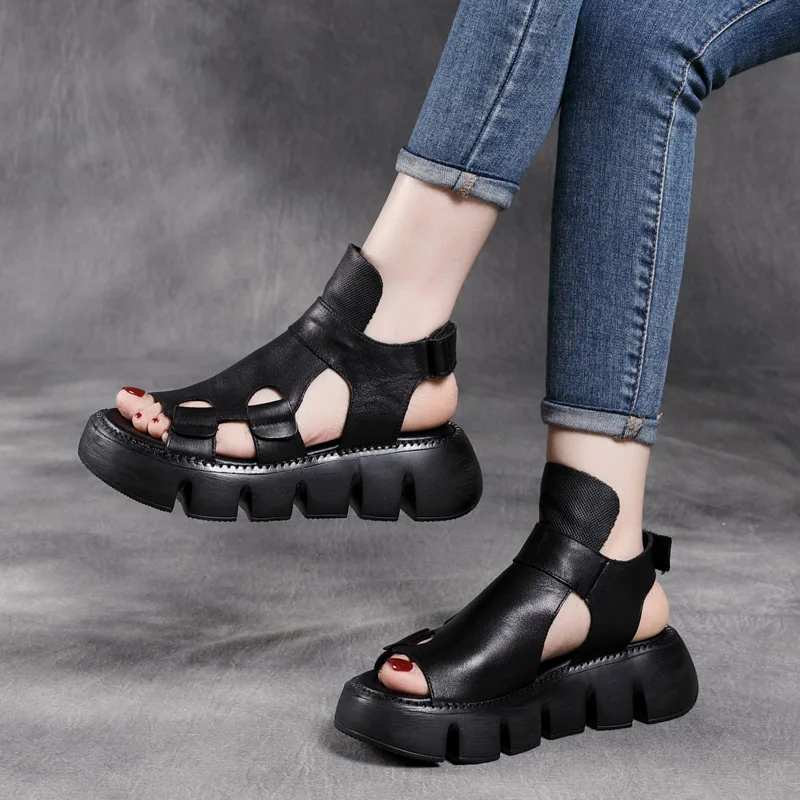 Jishu Hot-Selling New Arrival First Layer Cowhide shoes Platform Sandals Casual Genuine Leather Retro Peep Toe Roman Sandals