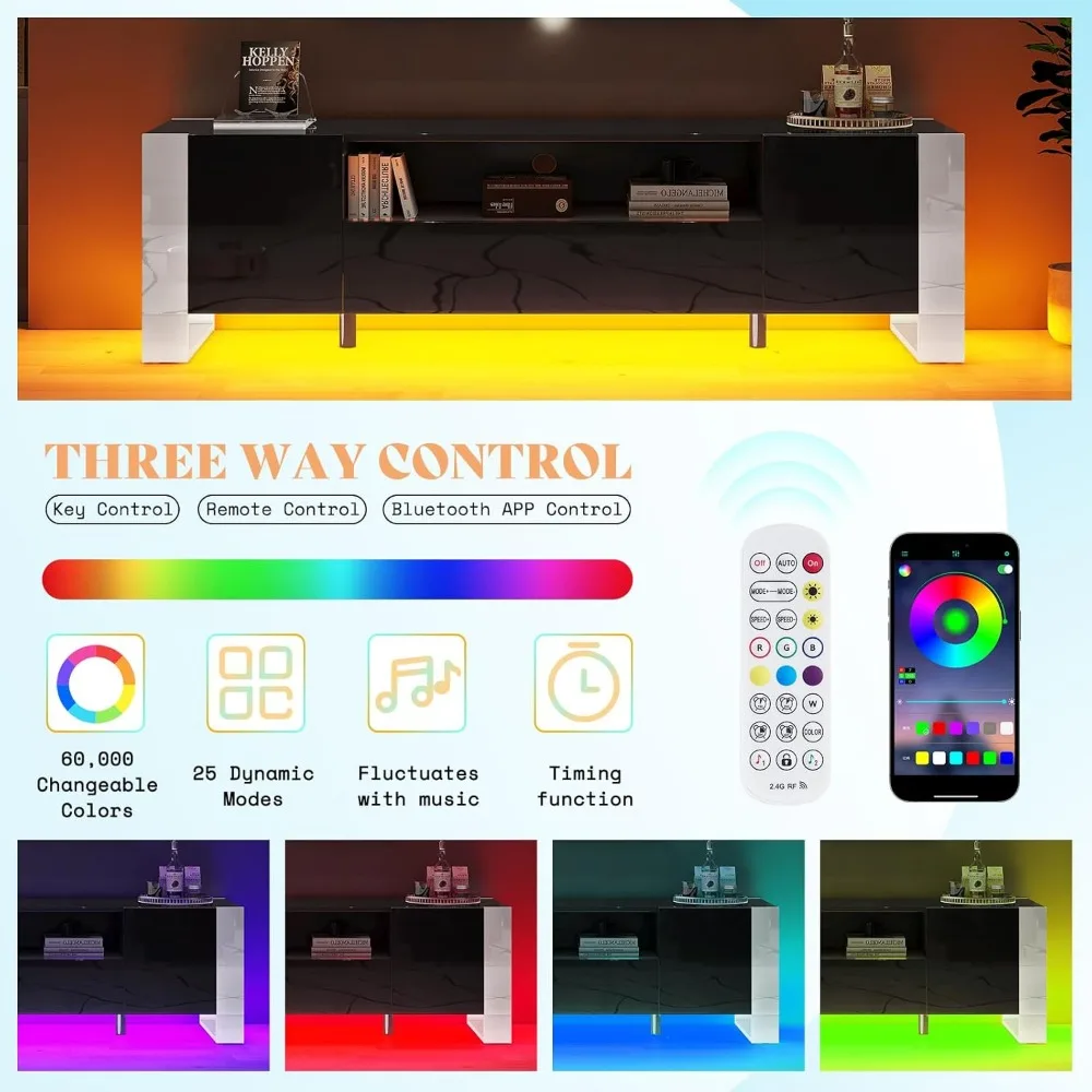 Meja TV AMERLIFE 70 inci dengan Lampu LED, Konsol TV Modern dengan Finishing High Gloss dan 2 Laci Penyimpanan untuk