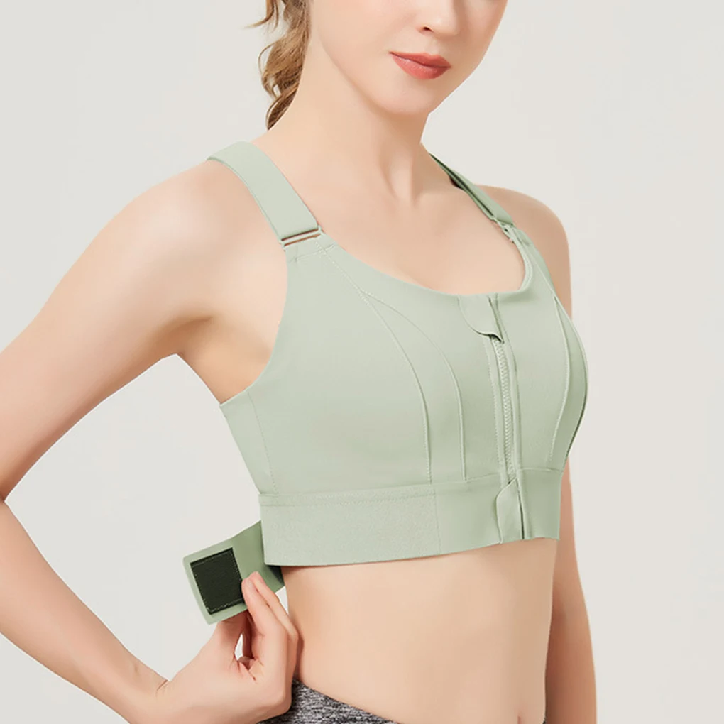 Front Zipper Sports Bra Comfortable Compression Fit Gym Athletic Support Wide Range Of Colors Women Light Green 3XL