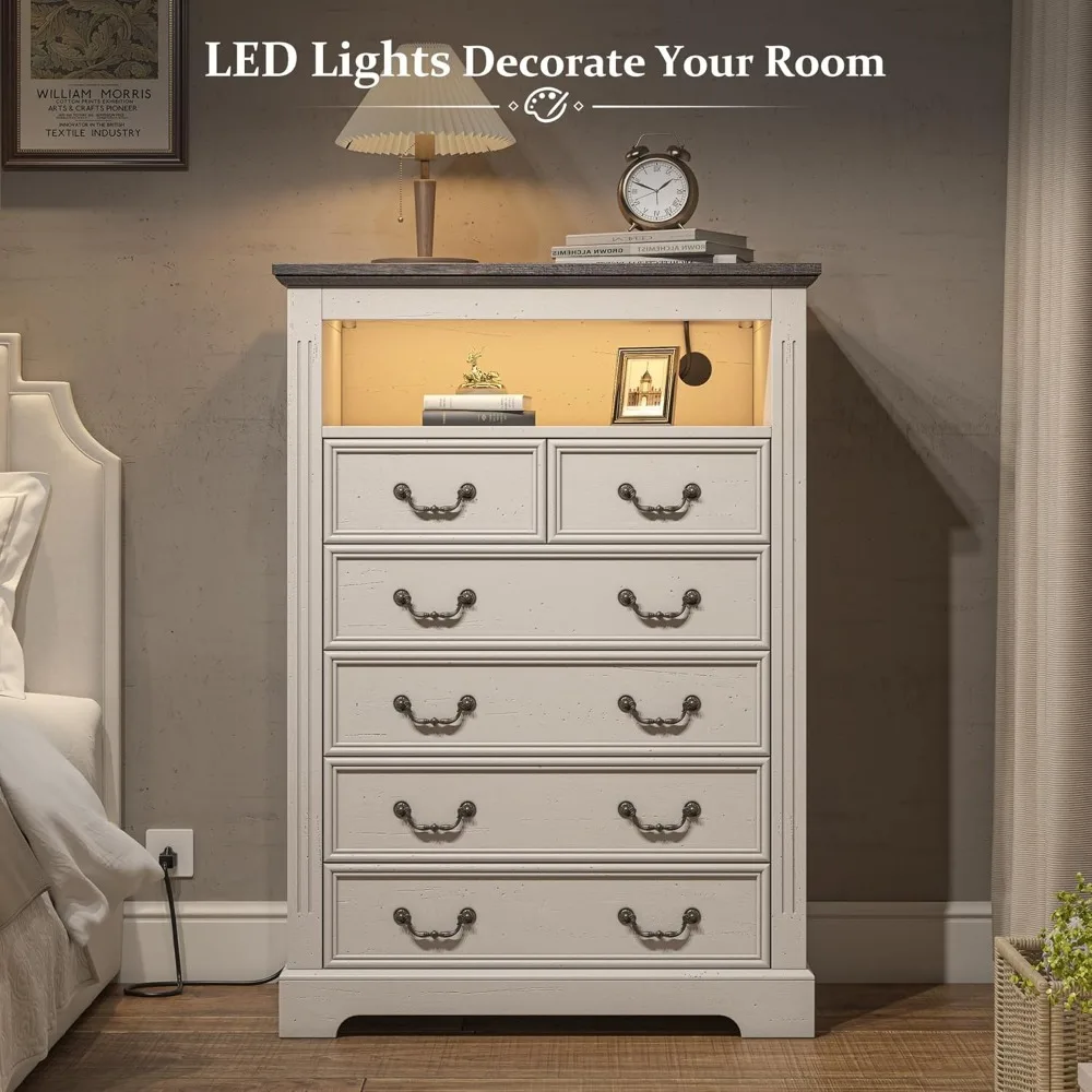 Farmhouse 6 Drawer Dresser for Bedroom LED Light & Power Outlets, 48