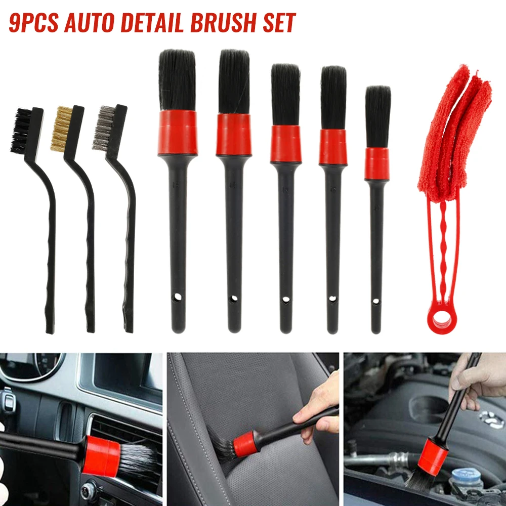 9Pcs Car Detailing Brush Set Car Wash Cleaning Brushes Auto Detailing Brushes Set for Car Seat Cleaning Car Engine Detailing Kit