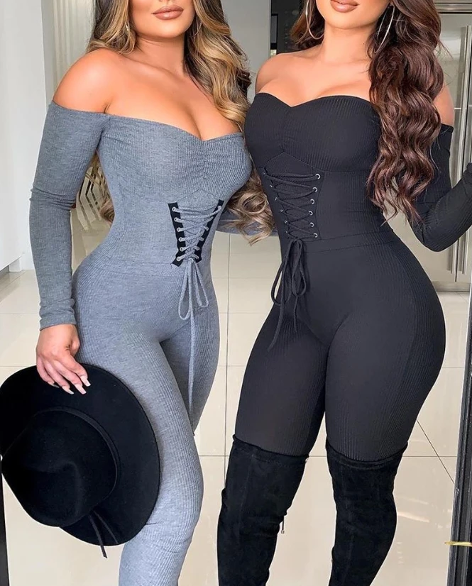 Women\'s Romper Long Sleeve Sexy Off Shoulder Long Sleeve Eyelet Lace Up Bodycon Jumpsuit Streetwear Fashion Overalls 2023 Autumn