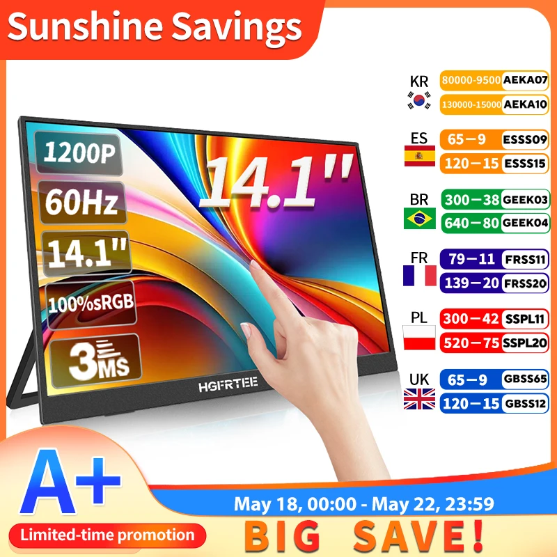 HGFRTEE – moniteur Portable de 14 pouces, tactile/sans écran tactile en option, 100% sRGB, 400cd/m2, écran d'extension pour ordinateur de jeu, pour XBox PS4/ 5 Switch