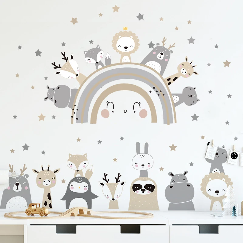 Cute Cartoon Bunny Lion Forest Animals Stars Wall Stickers Bear Deer Wall Decals For Baby Kids Room Nursery Bedroom Murals Decor