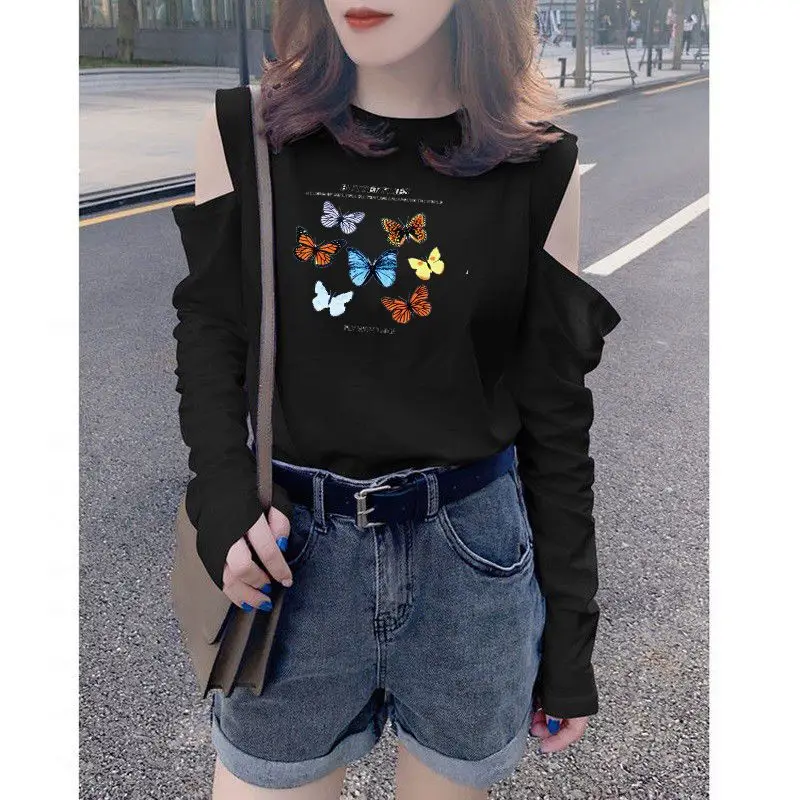 Fashion O-Neck Casual Printed Off Shoulder T-Shirt Women's Clothing 2024 Spring Summer New Slim All-match Tops Korean Tee Shirt