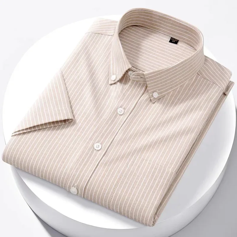 Luxury Men's Oxford Shirt 100% Cotton Short Sleeve Causal Stripe Solid Summer S160302e10fb649f7a55dd6f650819ad3L