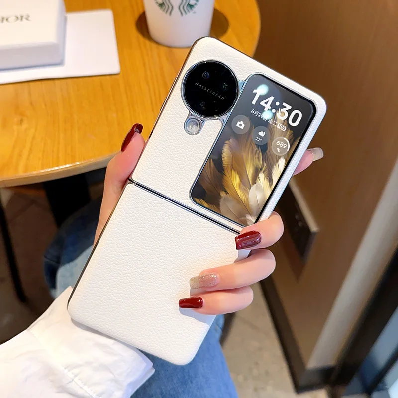 

Solid Color Lychee Pattern Phone Case For OPPO Find N2 N3 Flip White PC Hard Shell Plating Protect Protective Back Cover