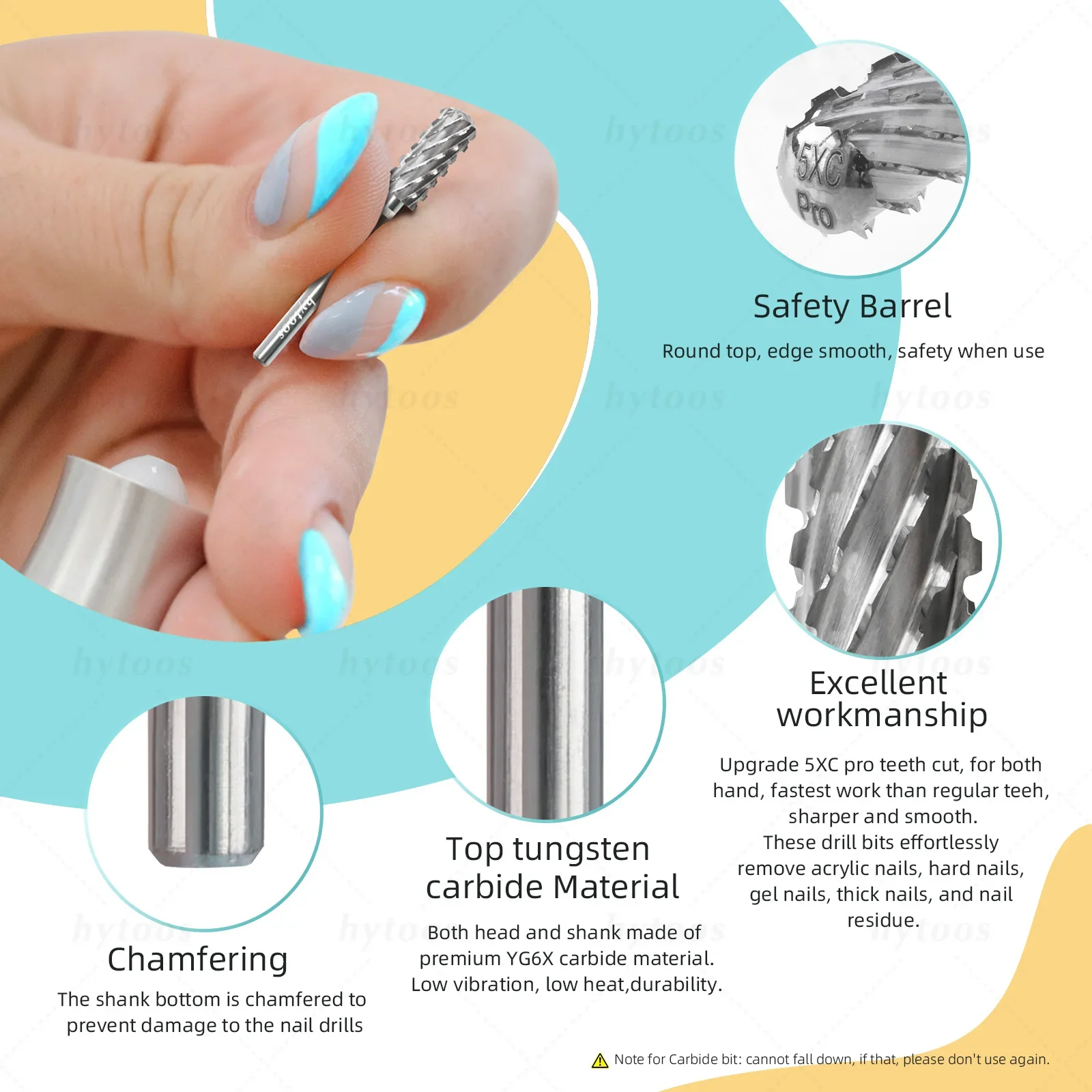 HYTOOS 5,35mm barril pequeño 5XC Pro broca de uñas 2 vías seguridad carburo acrílico brocas de uñas quitar accesorios de taladro de Gel duro