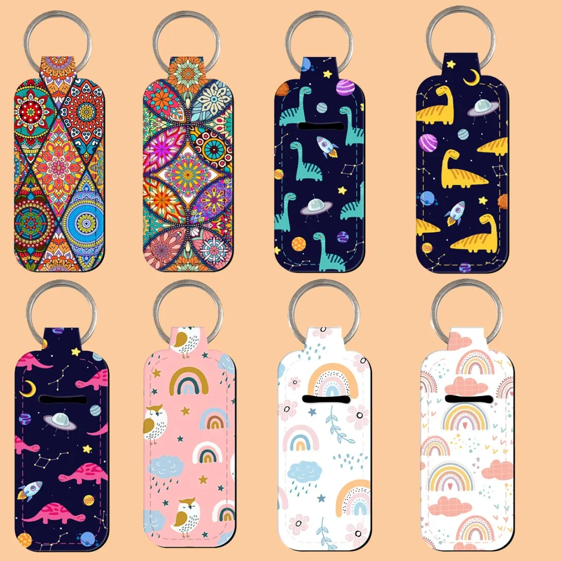 Rainbow Patterned Dinosaur Print Cartoon Keyring Trendy Lip Balm Key Chain Clip On Lipstick Holder Travel Accessories