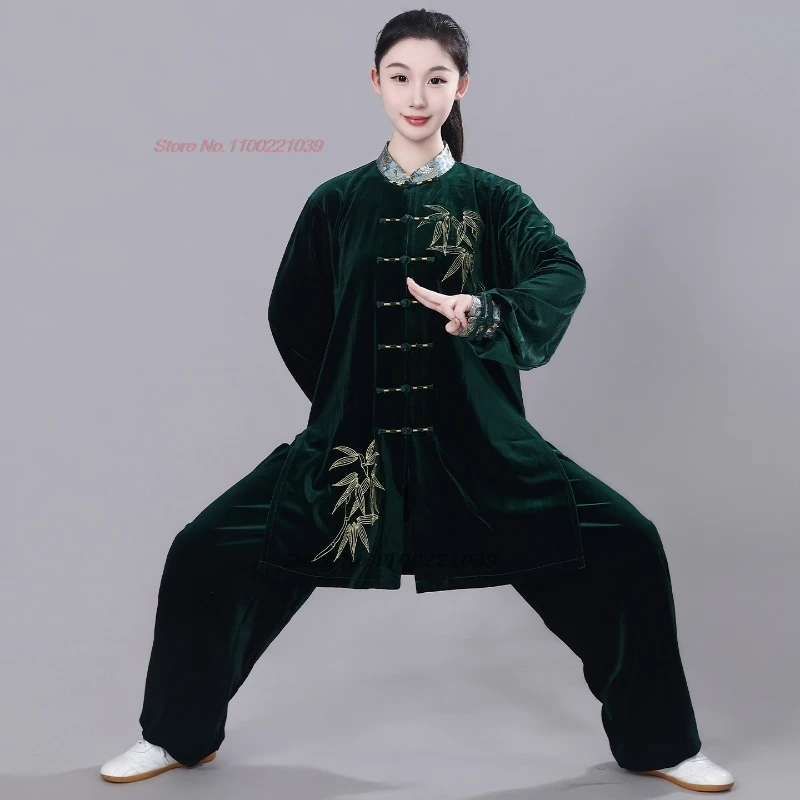 2026 chinese kung fu tai chi martial arts wushu uniform bamboo embroidery thickened velvet tops+pants set training exercise view 5