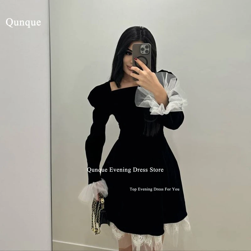 

Qunque Short Velour Prom Dresses Long Sleeves Above Knee Lace Square Neck Homecoming Kleider Party Dress For Women Customized