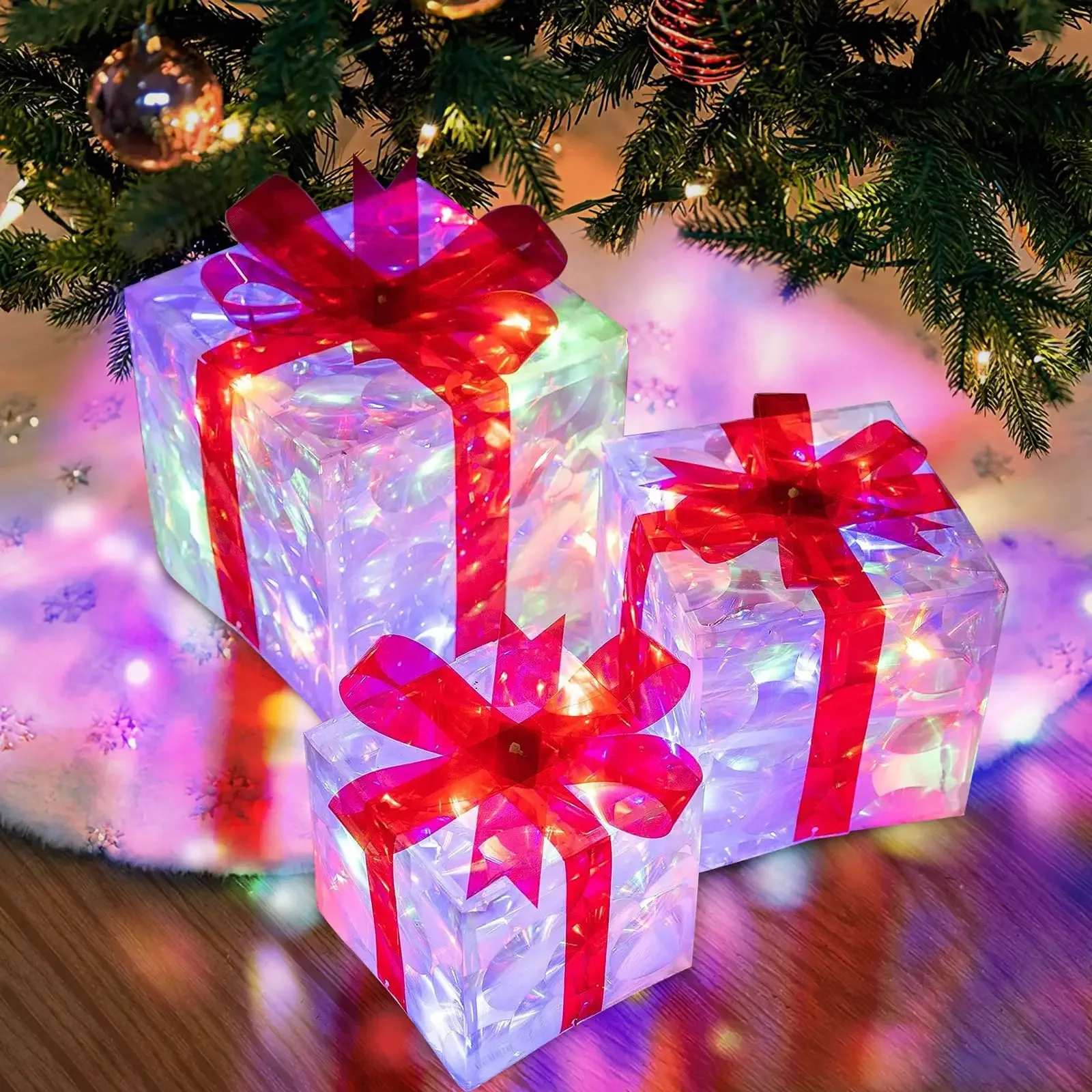 Set of 3 Christmas Lighted Gift Boxes Light Up Present Boxes Xmas Tree Decor for Indoor Outdoor Yard Lawn Christmas Decoration