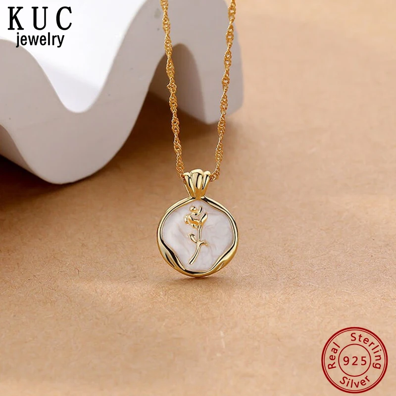 

925 Sterling Silver Original Certificate Rose Shell Pendant Necklace For Women Fine Jewelry Gold Plated