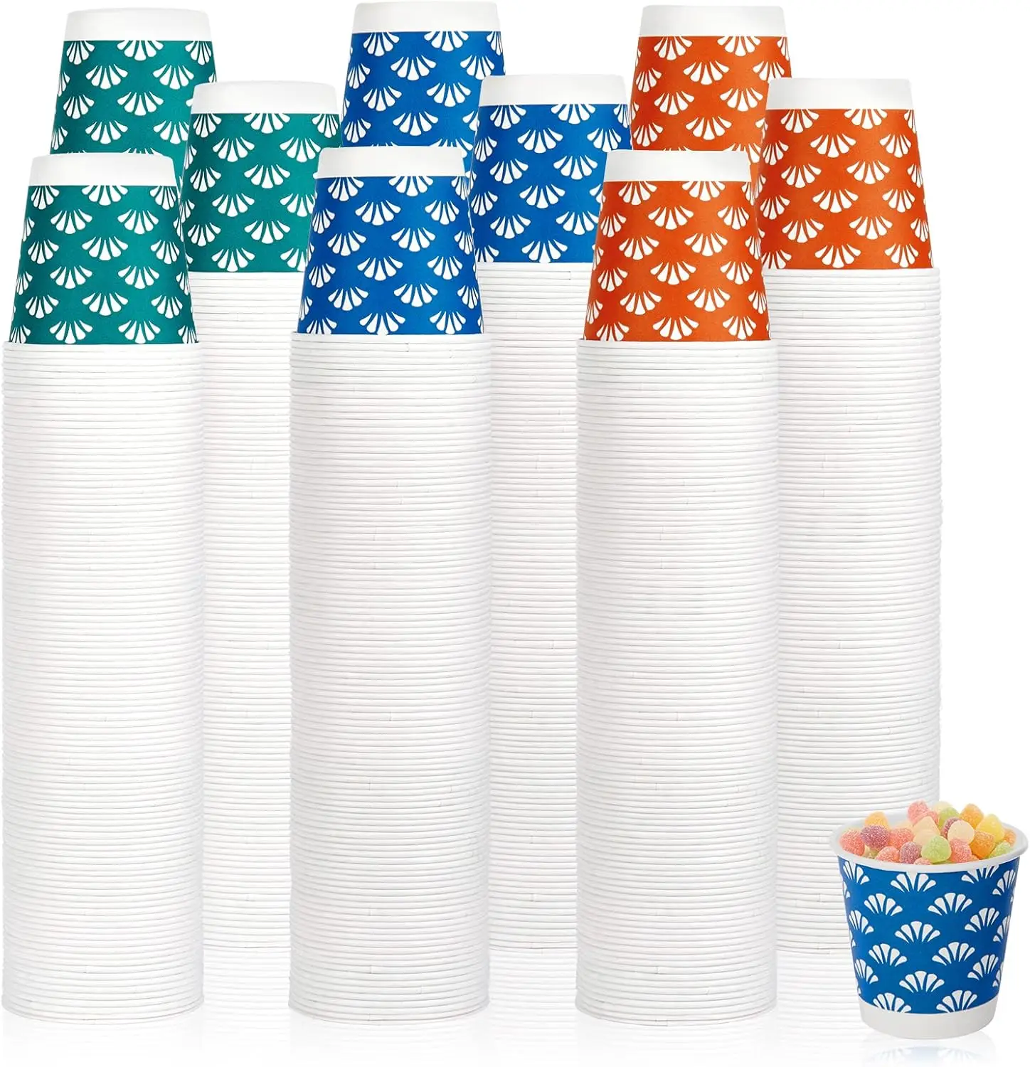 

1200 Pack 3 oz Disposable Bathroom Paper Cups, Small Mouthwash Cups in Orange, Blue, and Green, Great for Candy, Biscu