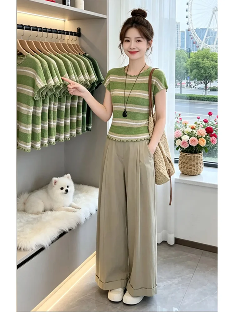 

Korean Style Lazy Fashion Two-Piece Set Women's Summer New Ruffle Collar Waist-Cinching Top High Waist Wide Leg Pants Ensemble