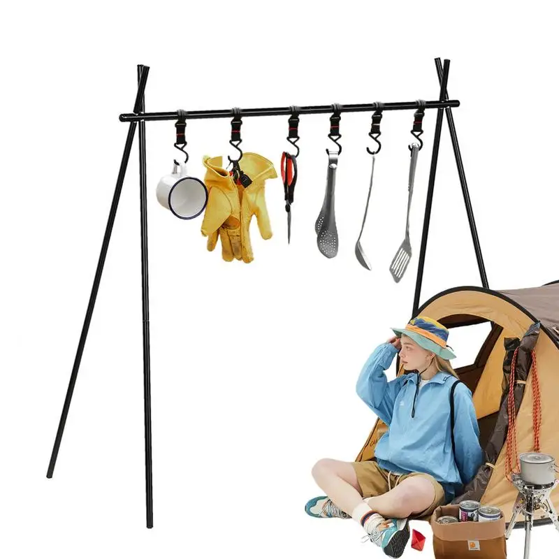 

Camping Hanging Rack Shelf Portable Folding Outdoor Tripod Shelf Aluminum Alloy Triangle Storage Hanger Cookware Light Holder