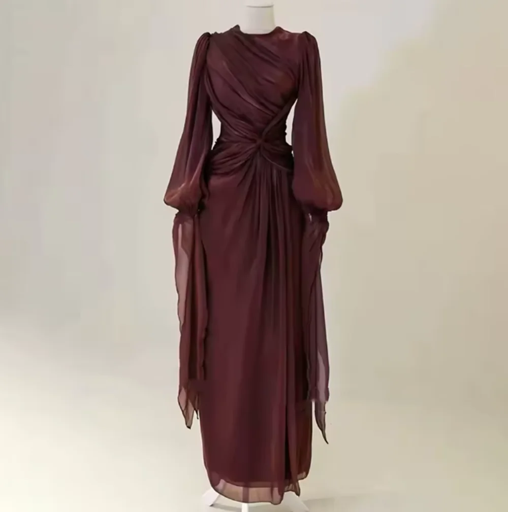 

Modest Crepe Evening Dress Pleats Puff Long Sleeve Floor Length Prom Dresses Ruched Illsion Arabia Party Gowns Customized