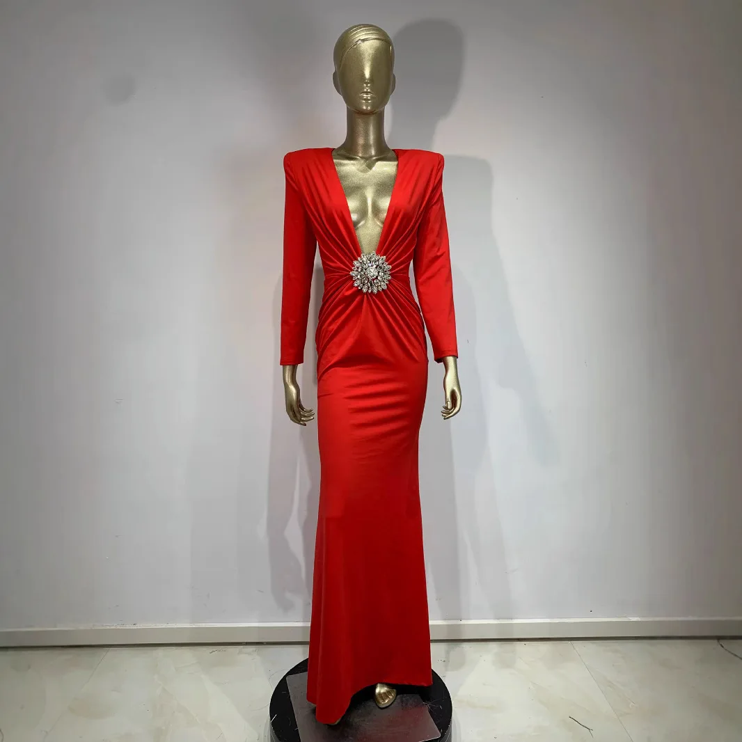 Ele Long Sve Deep V Diamond Button Long Dr Par Dr New Arrival محطة مستقلة الأكثر مبيعًا ربيع عالي الخصر #2