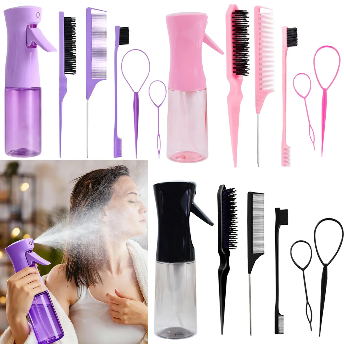 Set Sisir Penata Rambut 6 Buah, dengan Botol Semprot Kontinu, Sikat 200ml, Sisir Ekor Tikus, Sikat Rambut Pengontrol Tepi untuk Backcombing, Mengurai, Mengepang, Menghaluskan Rambut untuk Wanita (Merah Muda)