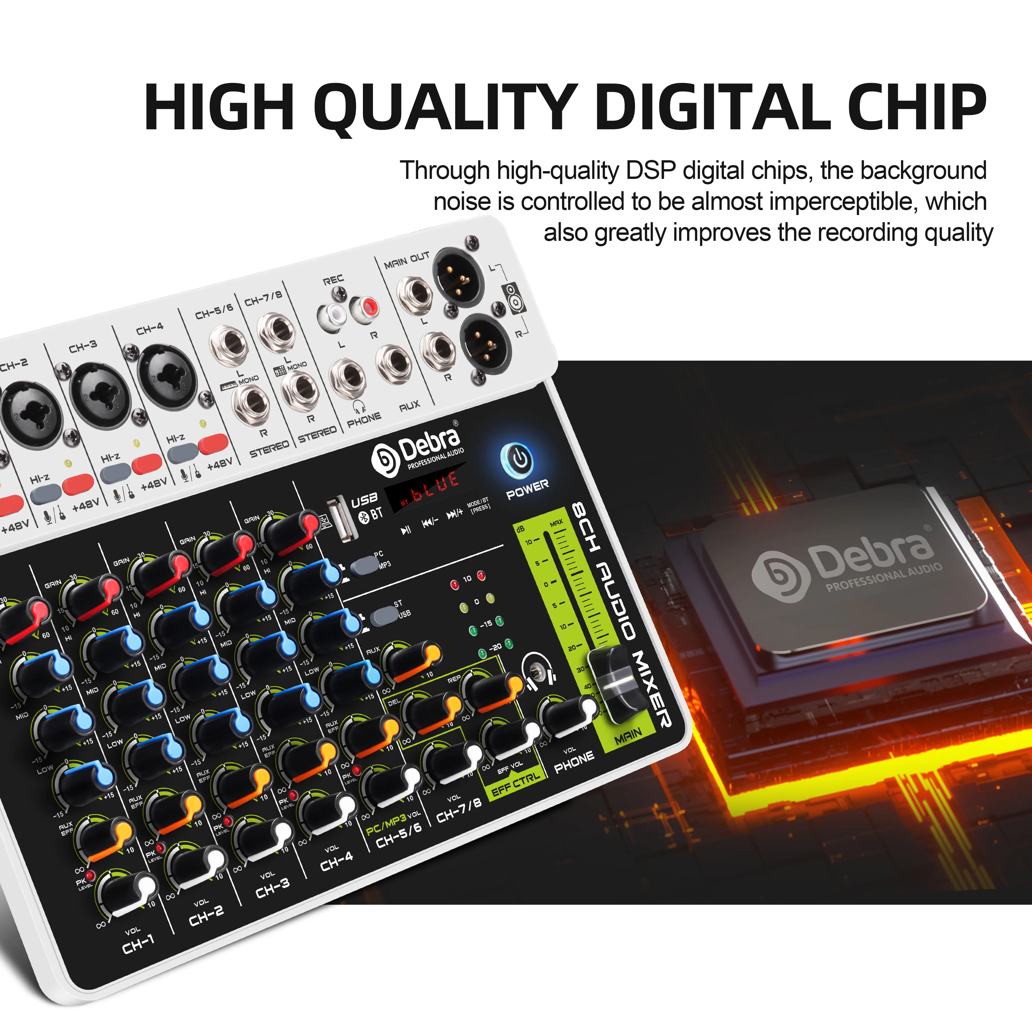 8 Channels Audio Mixer With Bluetooth USB 48V V8 Phantom Power Delay Repaeat Effect  For Sound Mixing Console PC Recording