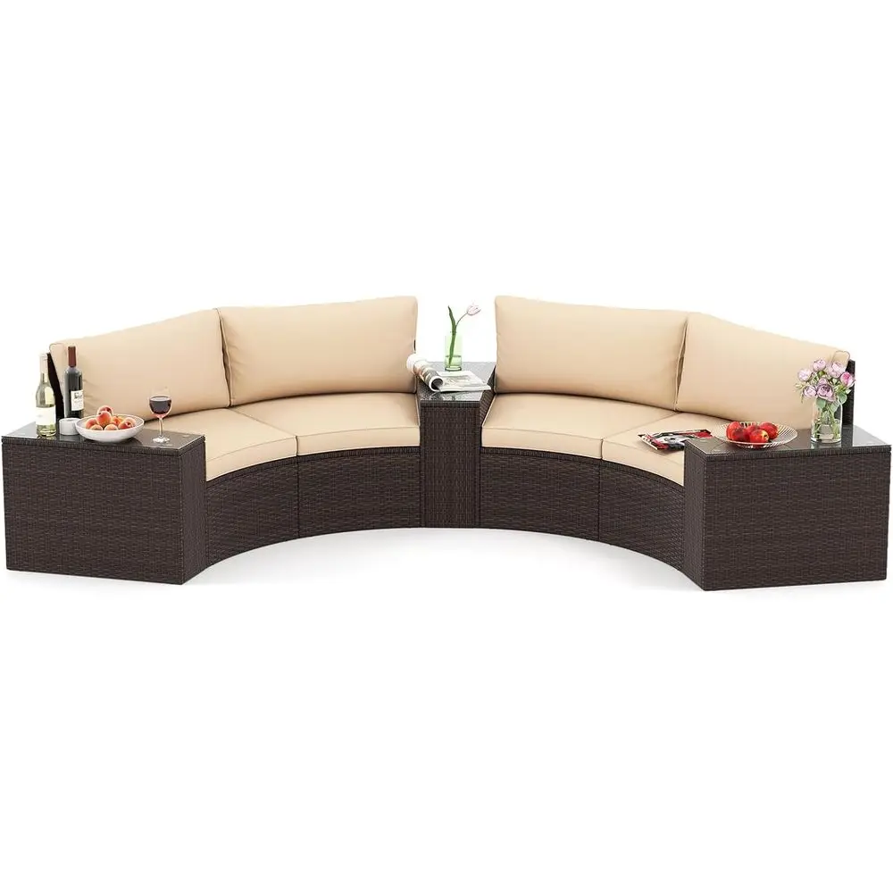 

Half-Moon Curved Sectional Sofa Set with Tempered Glass Top Side Tables, Outdoor Patio Furniture for Backyard and Poolside (Beig