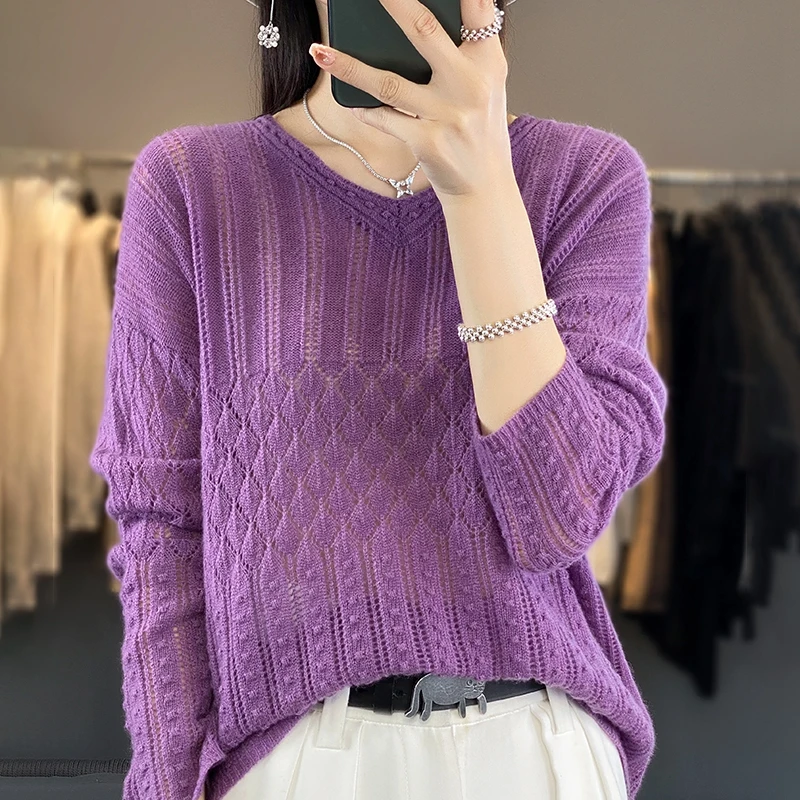 Autumn and winter new 100% pure wool female V-neck hollow sweater loose versatile temperament knitted cashmere bottoming shirt.