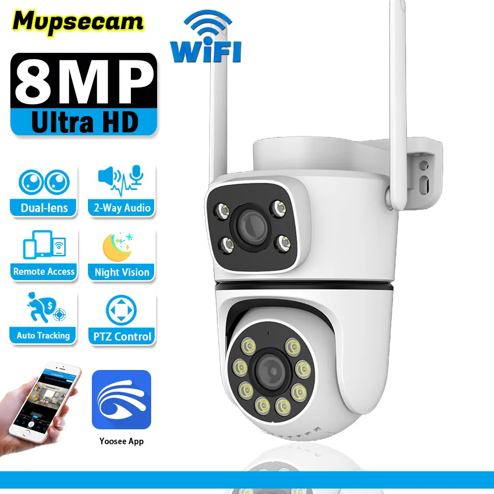 4K 8MP Dual-Objektiv Dual-Bildschirm Mini Drahtlose PTZ-Kamera Zwei-Wege-Audio Farbnachtsicht Outdoor Wasserdichte WLAN-Kamera YOOSEE