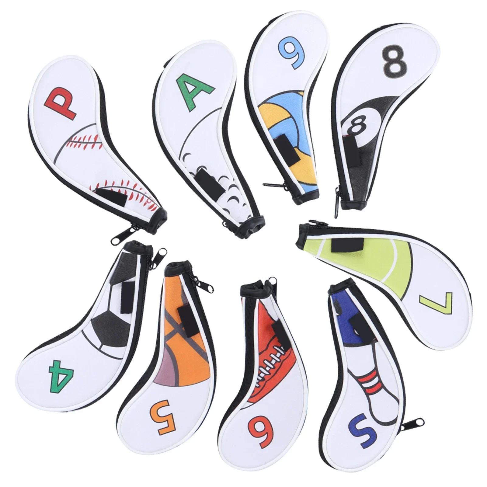 9Pcs Golf Iron Head Covers Sleeve Digital Zipper Sport Pattern Protective PU Waterproof