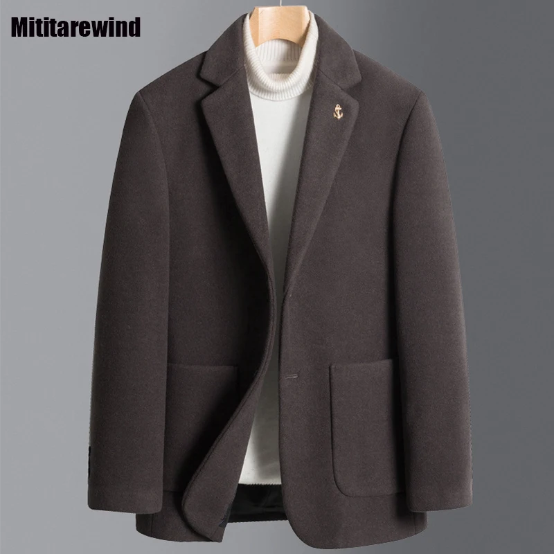 

British Style Male Coat Autumn Winter Business Casual Woolen Coat Solid 48% Wool Suit with Big Pockets Simple Fashion Men Jacket