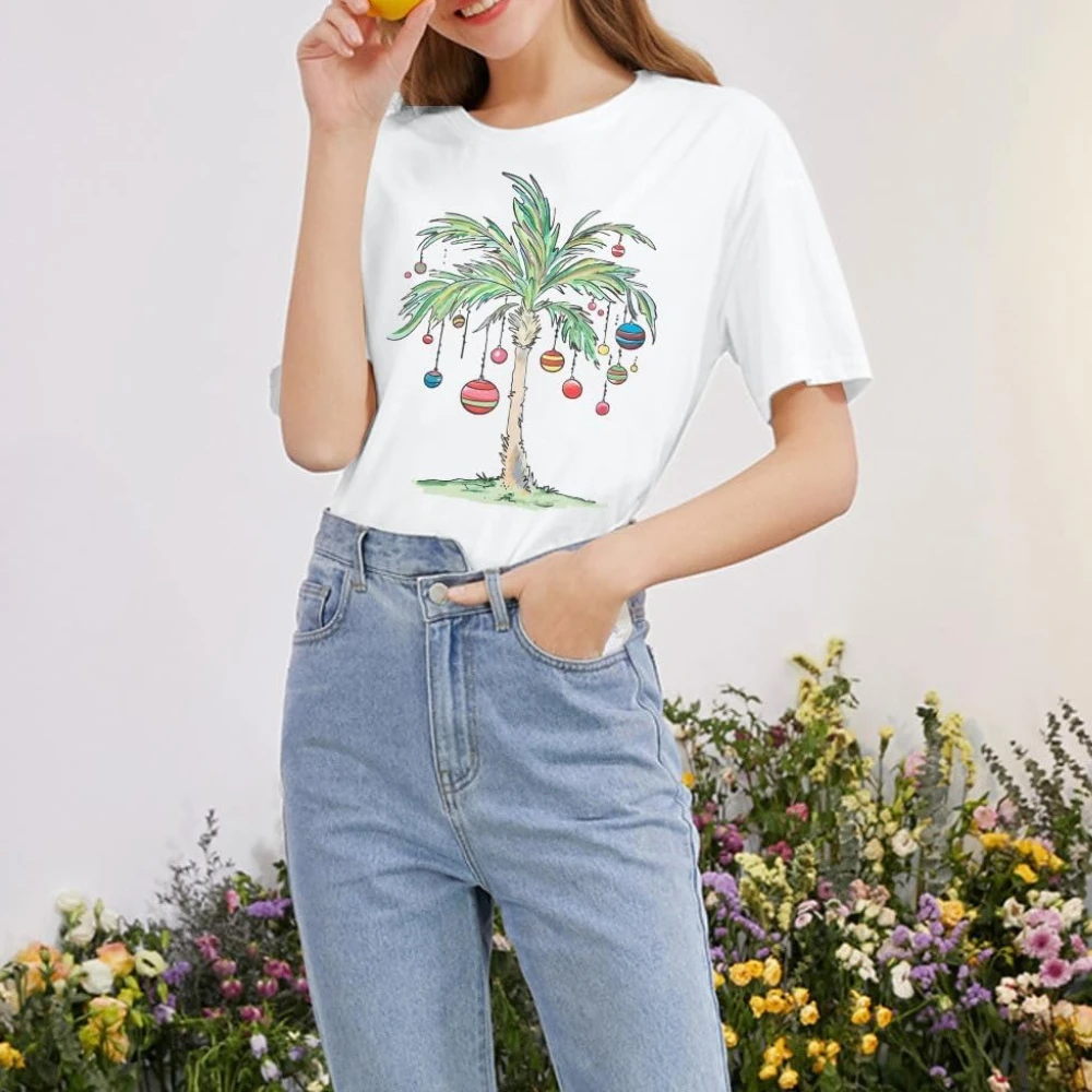 Christmas Shirts Women Palm Tree Women Graphic T-Shirt Summer Beach Party Cotton Shirt Funny Hawaii Vacation Short Sleeve Tops