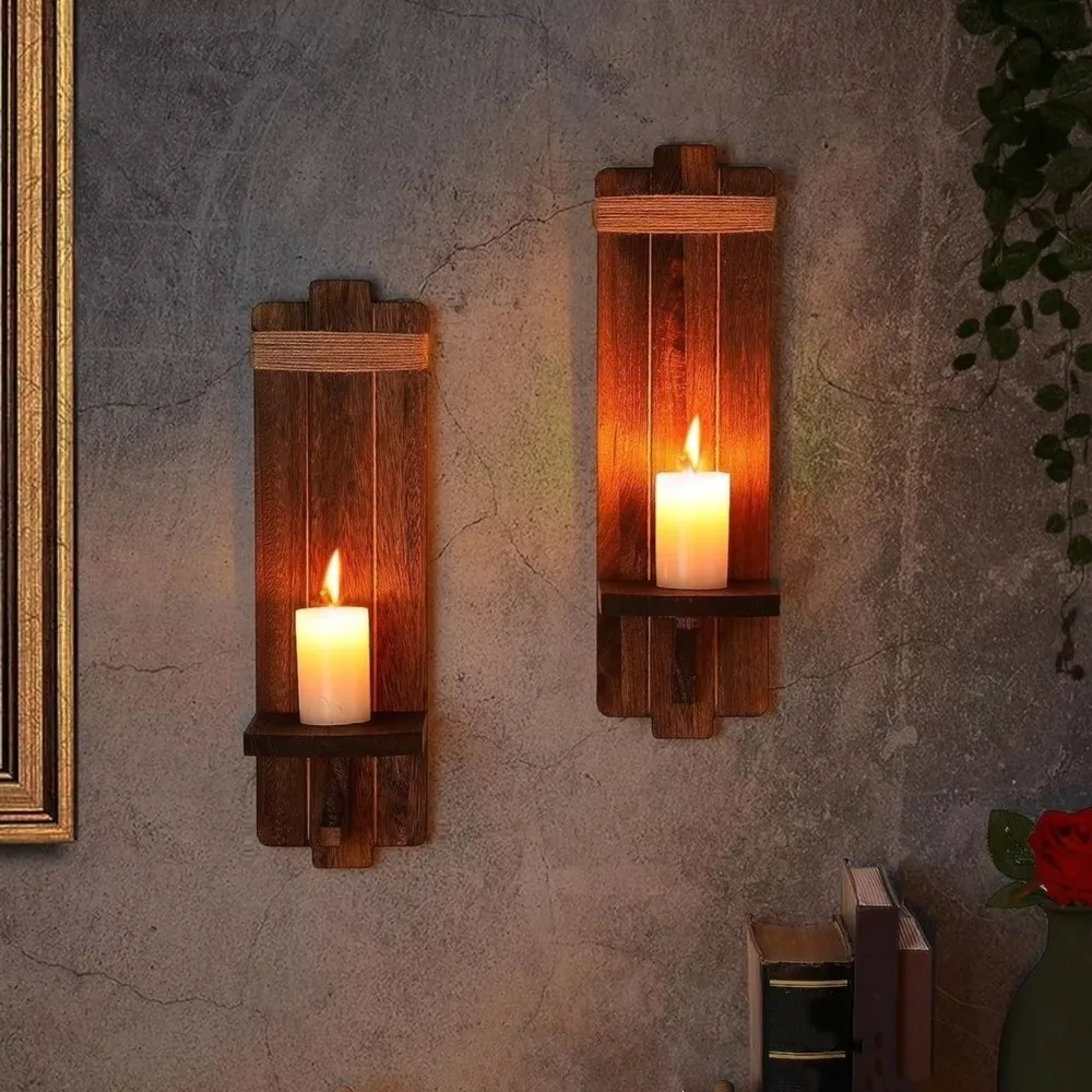 Wooden Wall-Mounted Candlestick Vintage Rustic Floating Shelf Wall Hanging Decorative Candlestick Stand Living Room