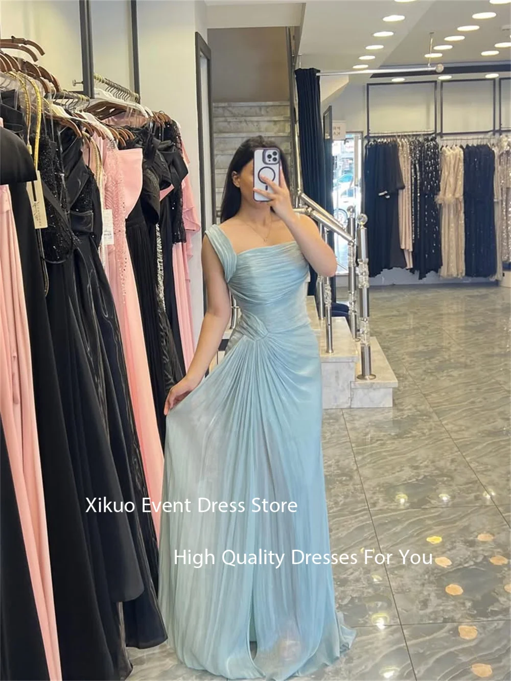 Xikuo Girly A Line Sleeveless Prom Gown Pink Pleated Vestido De Noche Spaghetti Strap Summer Party Pink Evening Dress Customized
