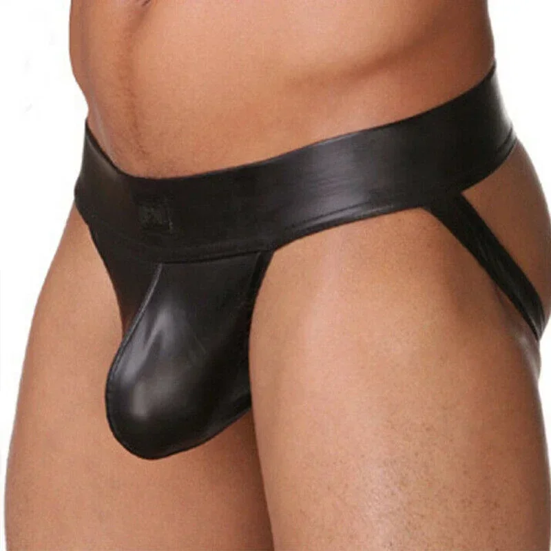 Men\'s Jockstrap PU Leather Underwear Pouch Panties Men Lingerie U Convex Underpants Low Waist Underpants Sensual Hombre Thong