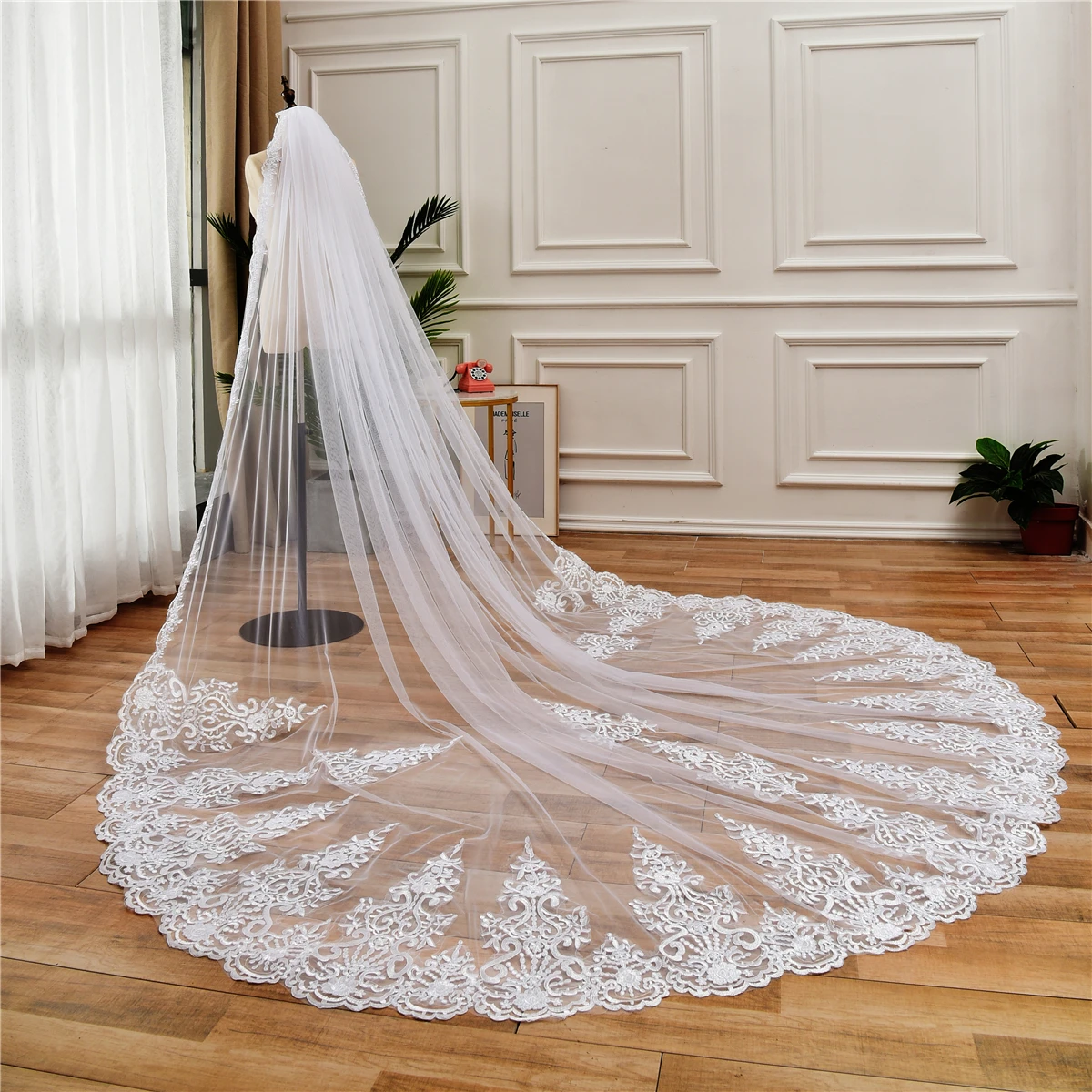 Lange Bridal Veils Met Kam Een Layer Wedding Wit Ivoor Kathedraal Lengte Full Lace Edge Applique Sluier Met Kam Voile 3Meter