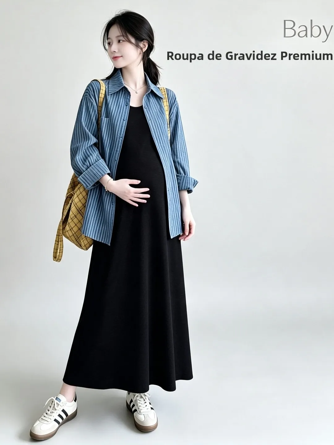 maternity-dress-shirt-two-piece-set-casual-spring-autumn-long-a-line-skirt-vest-non-pregnant-appearance-striped-pattern