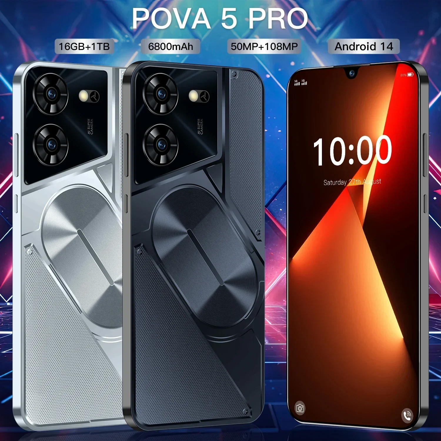 

Original Pova 5 Pro Flagship Global Edition AI Smartphone 5G+ Dimensity 9200 7.3-inch LPDDR5X 22G+2TB 50+108MP Android 14 NFC