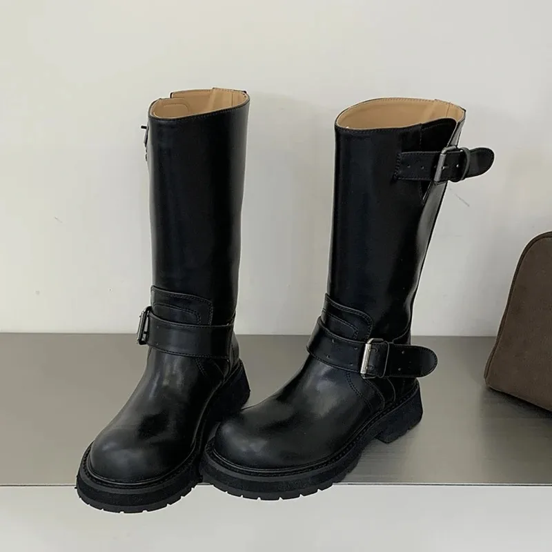 Aneikeh Vintage Brown Faux Leather Women Boots Round Toe Double Buckle Straps Thick Platform Sole Low Heel Ladies Riding Boots