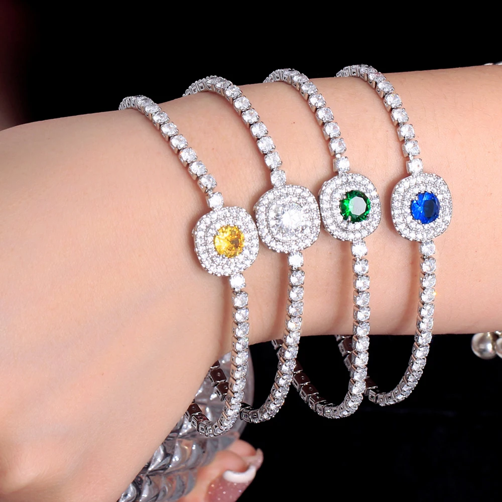 BeaQueen Shiny Round CZ Crystal Tennis Bridesmaid Bracelet for Wedding Chic Blue Green Cubic Zirconia Women Party Jewelry B256