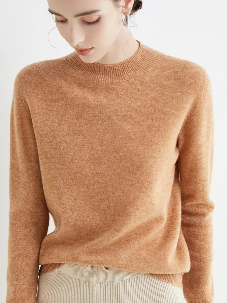 New Autumn Winter 100% Pure Merino Wool Pullover High Quality Sweater Mock-Neck Cashmere Knitwear Women Clothing Basic Top