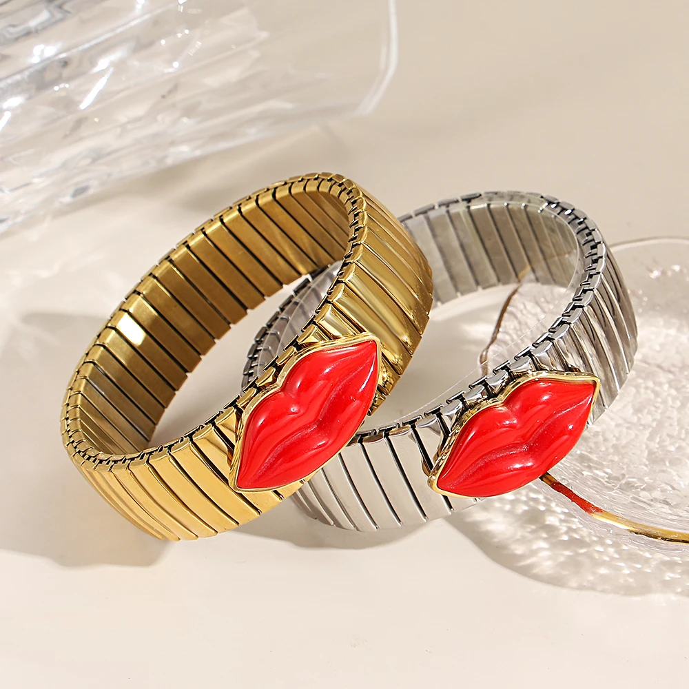 

Greatera Stainless Steel Bracelet With Large Red Lip Pattern Niche Design Personality Light Luxury Elastic Women's Bangle 2025