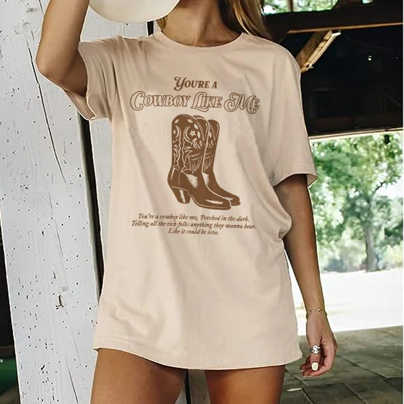 Cowboy Like Me Women Retro Graphic Tees Boots Printed Country Music T Shirt Trendy Western T-Shirts Loose Cowgirl Vintage Tops