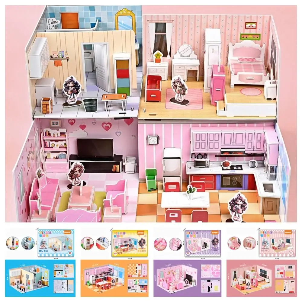 

Kitchen DIY Puzzle Dollhouse Room Living Room Bedroom Pretend Play Paper Doll House Bathroom Cartoon 3D Paper Puzzle Room