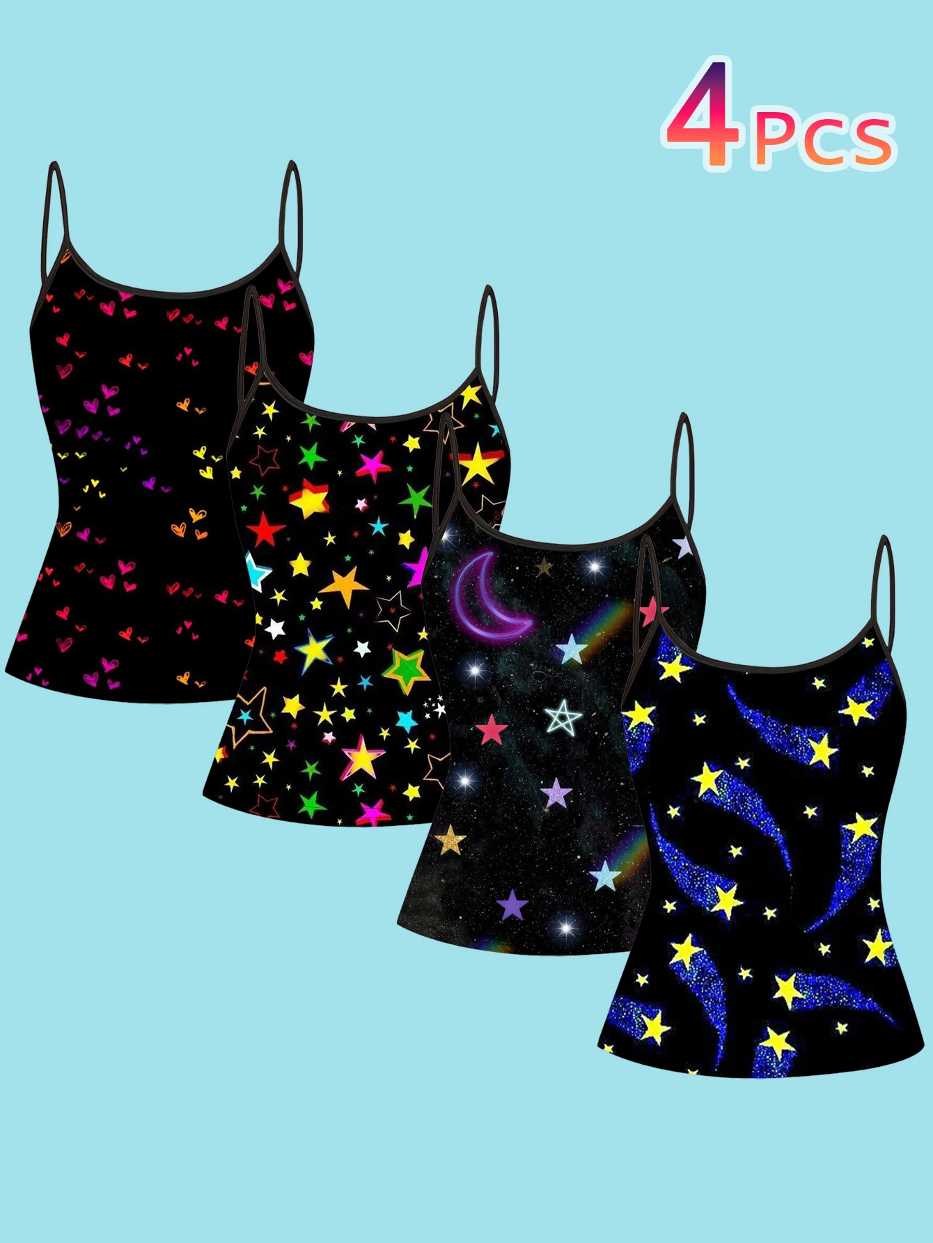 4-Piece Set of Women's Y2K Colorful Starry Sky Print Camisoles, Sweet and Cool Crescent Moon Meteor Millennium Style Slim-Fit Spaghetti Strap Inner Tops
