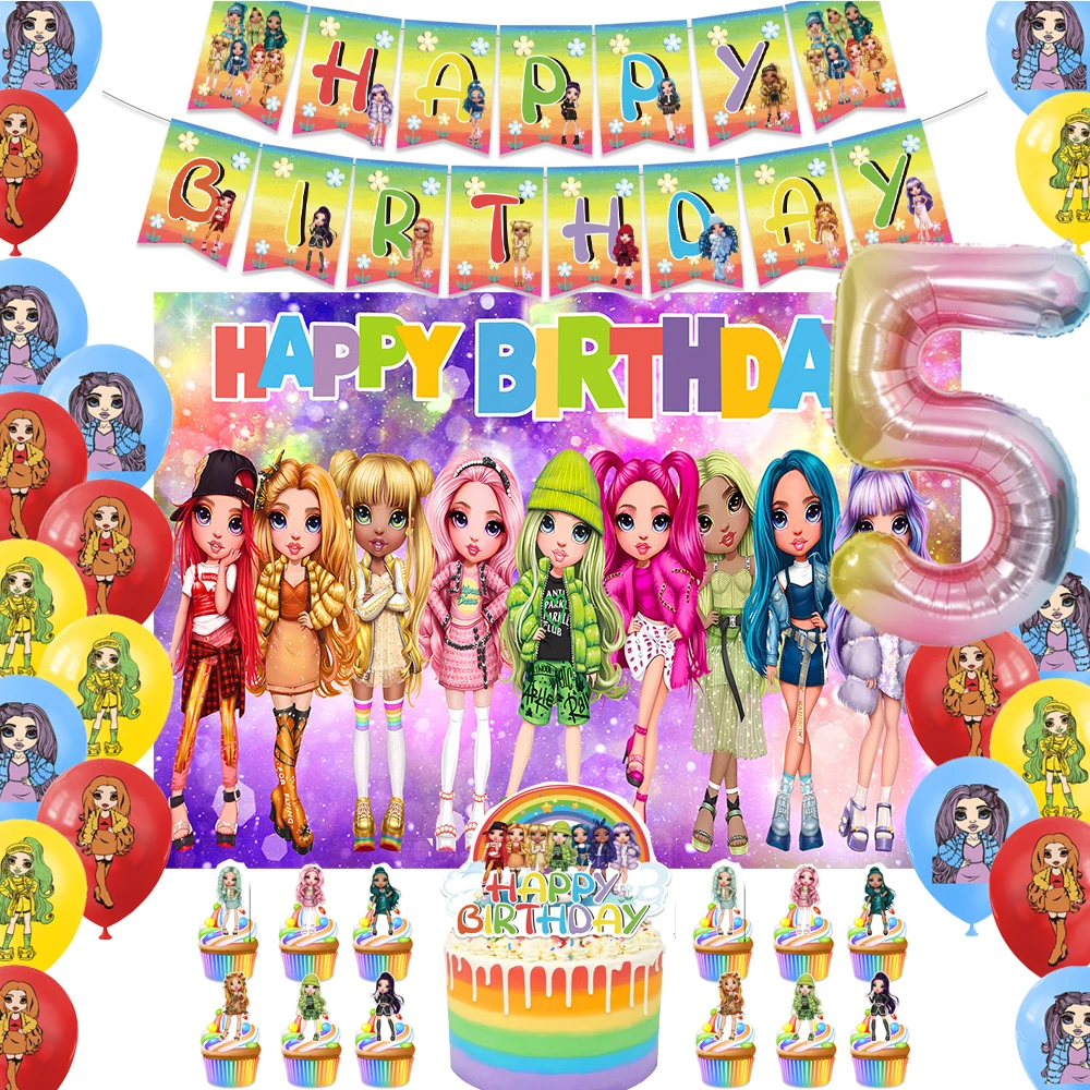 

Cartoon Rainbow High Theme Girl Style Doll Birthday Party Balloon Banner Background Cake Topper Baby Shower Decor Supplies Props