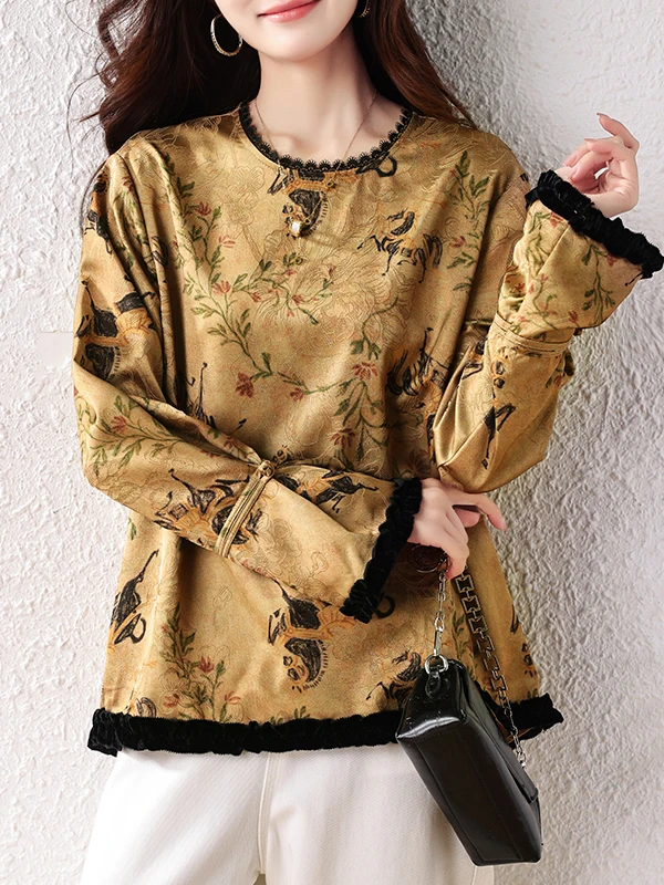 Retro Floral Embroidery Long Sleeve Shirt Autumn plus Size New Chinese Style Women's Premium Fashion Straight Cut Polyester B...