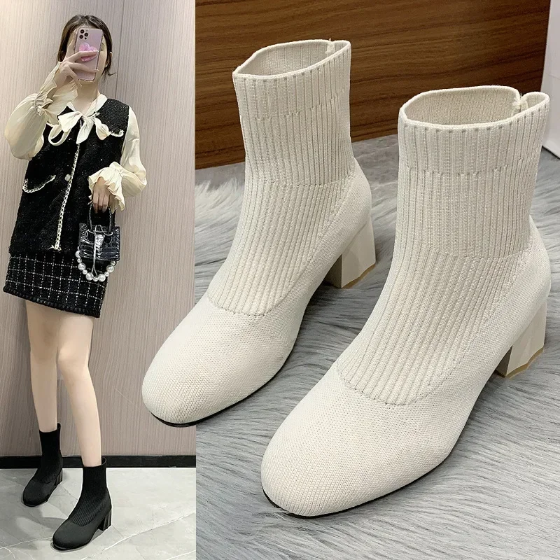 2024 Knitted Ankle Boots for Women Autumn Round-toe Thick Sole Slip on Casual Shoes Woman Light Non Slip Platform Botas Mujer